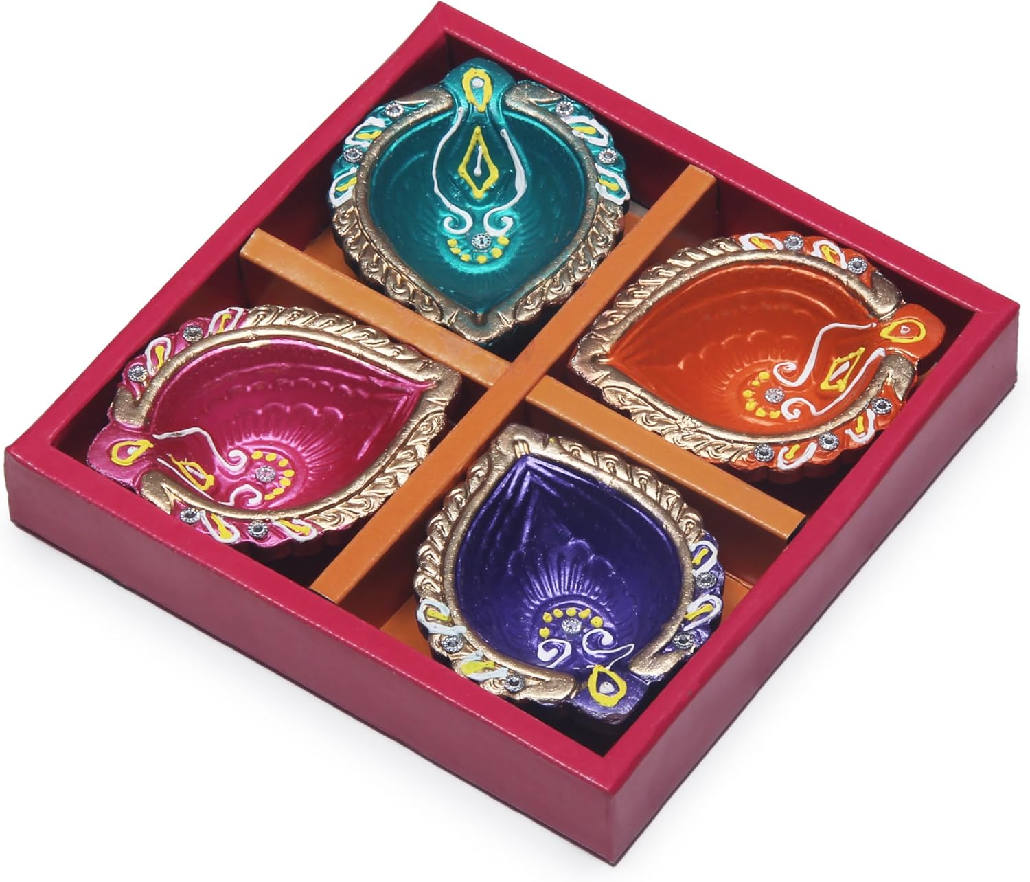 Oil Lamps & Accessories - Handmade Terracoaat Set of 4 Multicolor Premium Clay Diya for Diwali Navratri Decorations Oil Lamp Diwali Clay Diya Tea Light Holder Home Decor Festival Gifts Puja Items