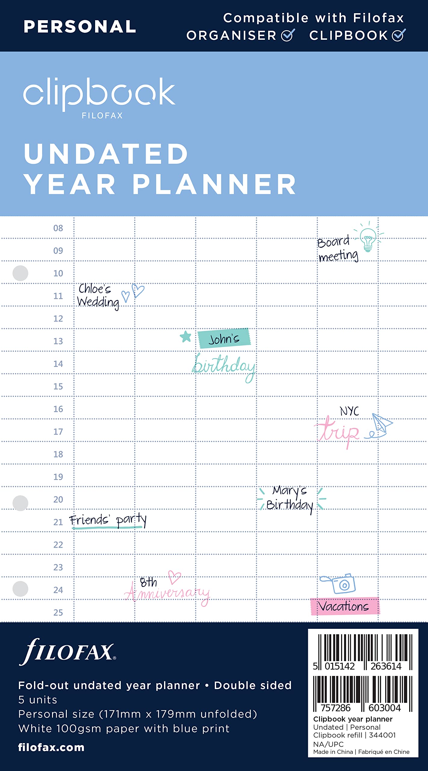 Filofax Personal Clipbook undated Year Planner Refill, Whites