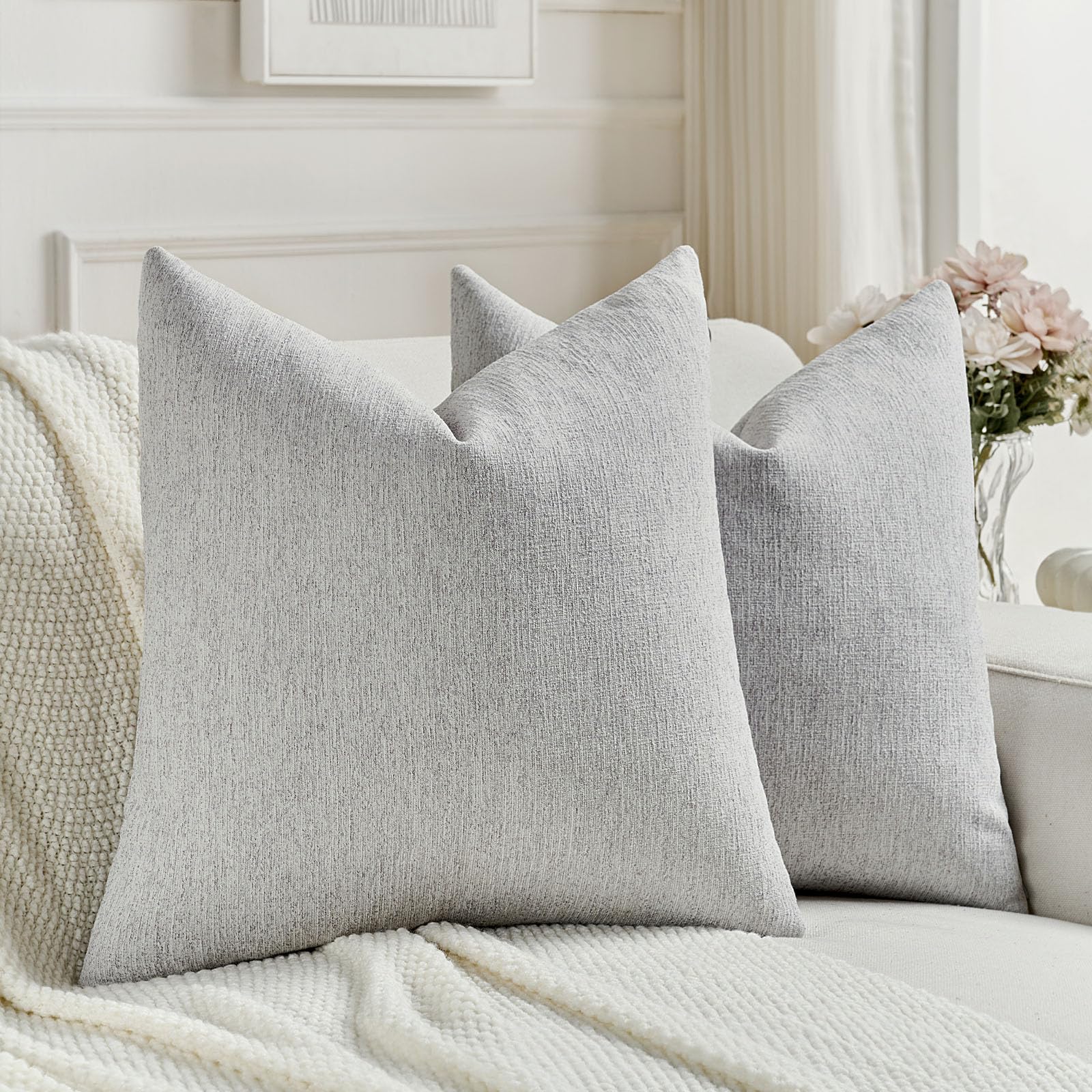 Photo 1 of FUTEI Light Grey Chenille Decorative Throw Pillow Covers 18x18 Inch Set of 2,Soft Cozy Faux Linen Textured Cushion Case,Farmhouse Home Decor for Couch Living Room