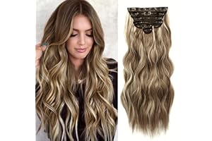 NAYOO Clip in Hair Extensions for Women 20 Inch Long Wavy Curly Medium Brown Ash Blonde Hairpieces Full Head Synthetic Hair Hairpieces (6PCS, Medium Brown Ash Blonde)