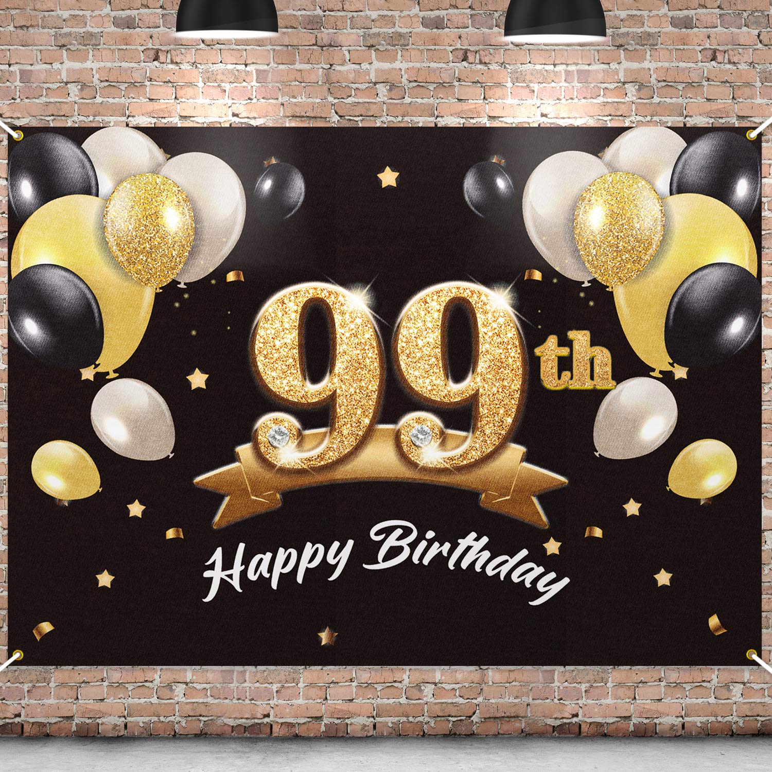 PAKBOOM Happy 99th Birthday Banner Backdrop - 99 Birthday Party Decorations Supplies for Men - Black Gold 4 x 6ft