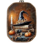 ZIKZAUDOU Halloween Witch Hat Octagon Wall Art Framed, Vintage Fall Witchy Books Candle Canvas Prints Wall Decor, Dark Academia Farmhouse Pumpkin Hanging Decor for Home Bedroom Living Room, 10.2x7 In