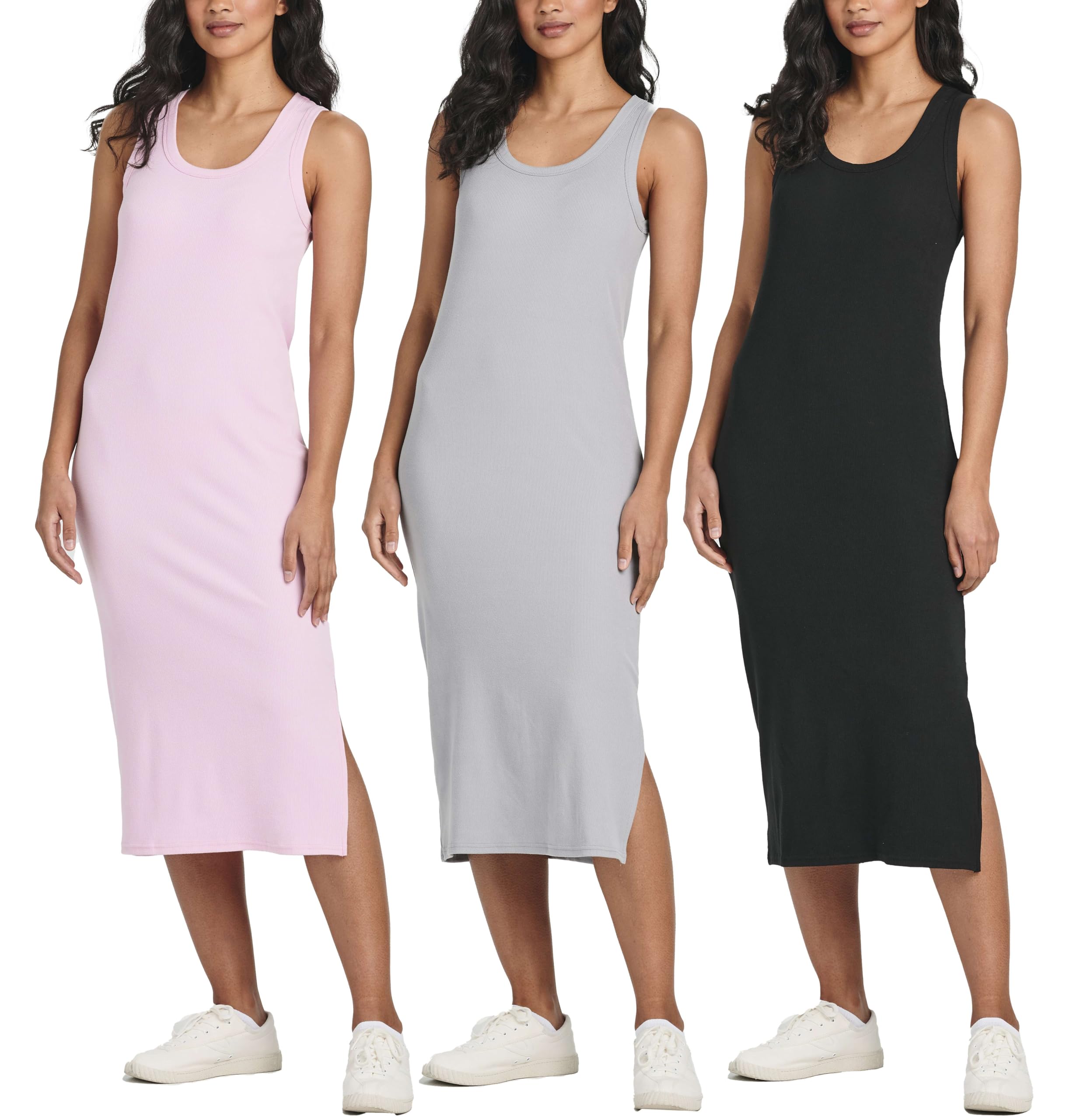 Photo 1 of Real Essentials 3 Pack: Women's Ribbed Knit Sleeveless Crew Neck Tank Casual Midi Shift Dress with Slit Large