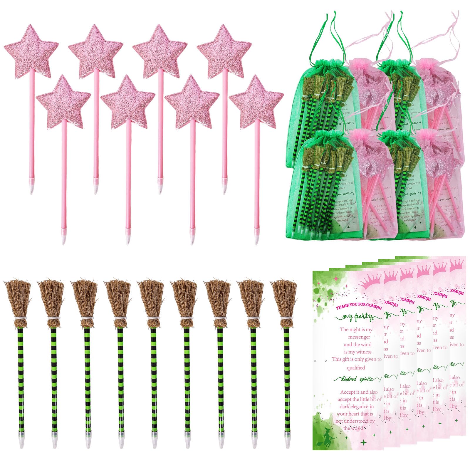 Photo 1 of 12 Set Princess and Witch Gift Bulk Including 12 Pcs Pink Pentagram Wand Star Ballpoints and 12 Pcs Green Stripes Witch Broom Pens With Organza Bags for Halloween Party Favors Supplies Decorations