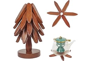 SNAPMORPH Natural Wood Tree Trivet Set, Christmas Tree Trivet Set, 4 Wooden Trivets & 1 Stand Like a Christmas Tree, for Hot Dish, Pot, Bowl, Teapot, Hot Pot Set (Dark Brown, 4pcs)
