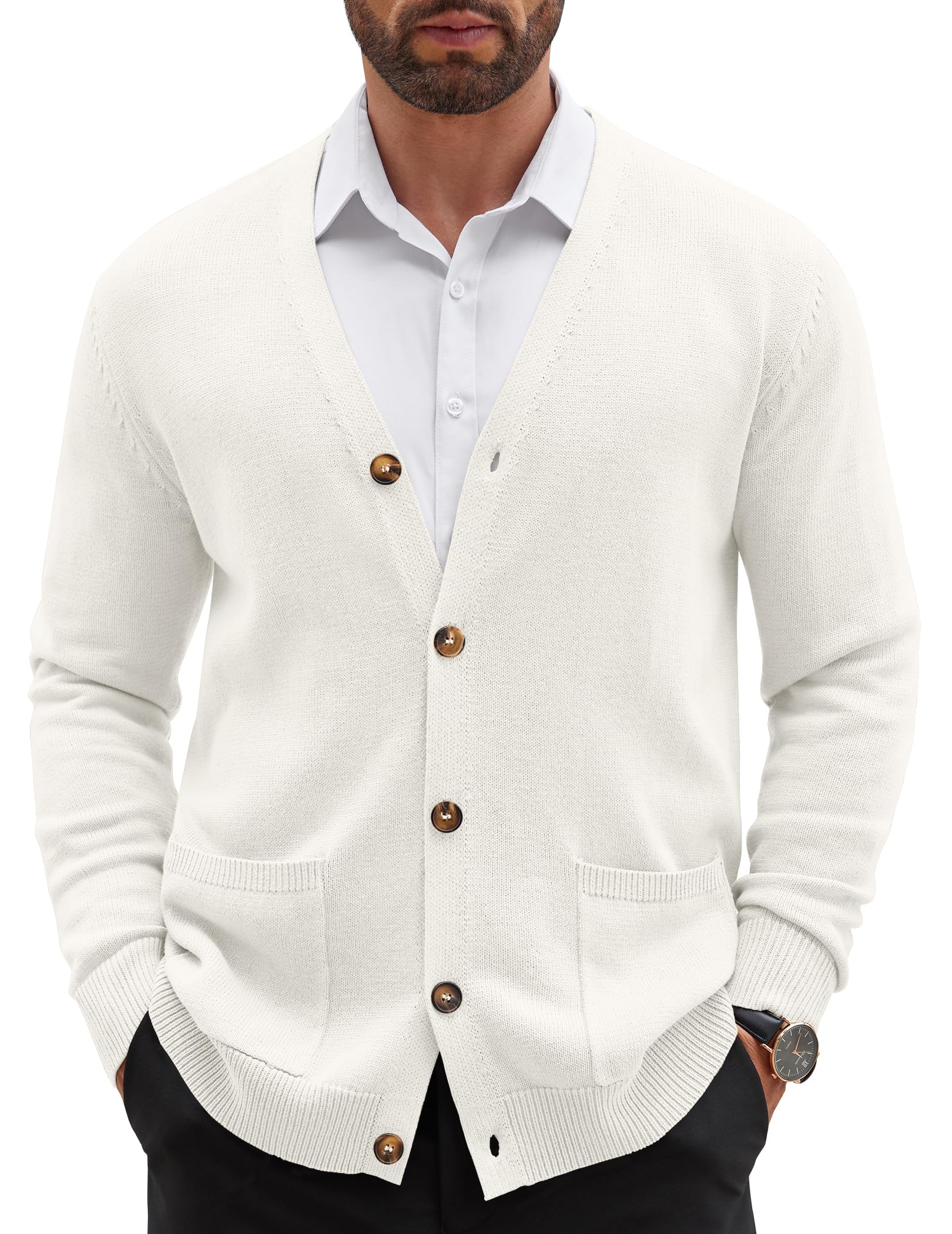 COOFANDY Men's Cardigan Sweater Long Sleeve Casual V Neck Button Down Knitted Sweater with Pockets Ivory Image