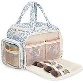 WGEAR Travel Makeup Bag, Lightweight Wide-open Toiletries Bag for Women, Large Cosmetic Organizer Bag with Makeup Brushes Compartment for Travel-Sized Essentials for Trip, Camping - Blue Flower