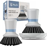 MISS EIR 2-Pack Dish Scrub Brush with Holder Set, Non-Scratch Palm Scrub Brush for Kitchen, Nylon Bristle Pot Scrubber for Dishes, Pans &amp; Sink with Ergonomic TPR Grip, Gray