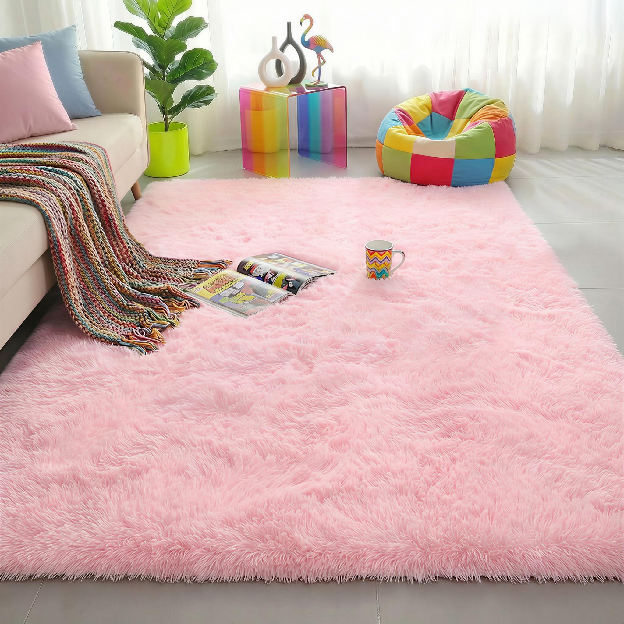 Pink Fluffy Shag Carpet for Girls' Bedroom & Living Room - 4'X6' Plush Rug for Kids & Baby Nursery — image 1