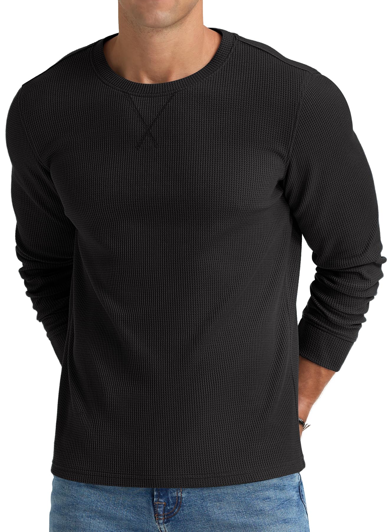 Photo 1 of NITAGUT Mens Waffle Crewneck Shirts Slim Fit Long Sleeve Casual T-Shirt,Black, Large