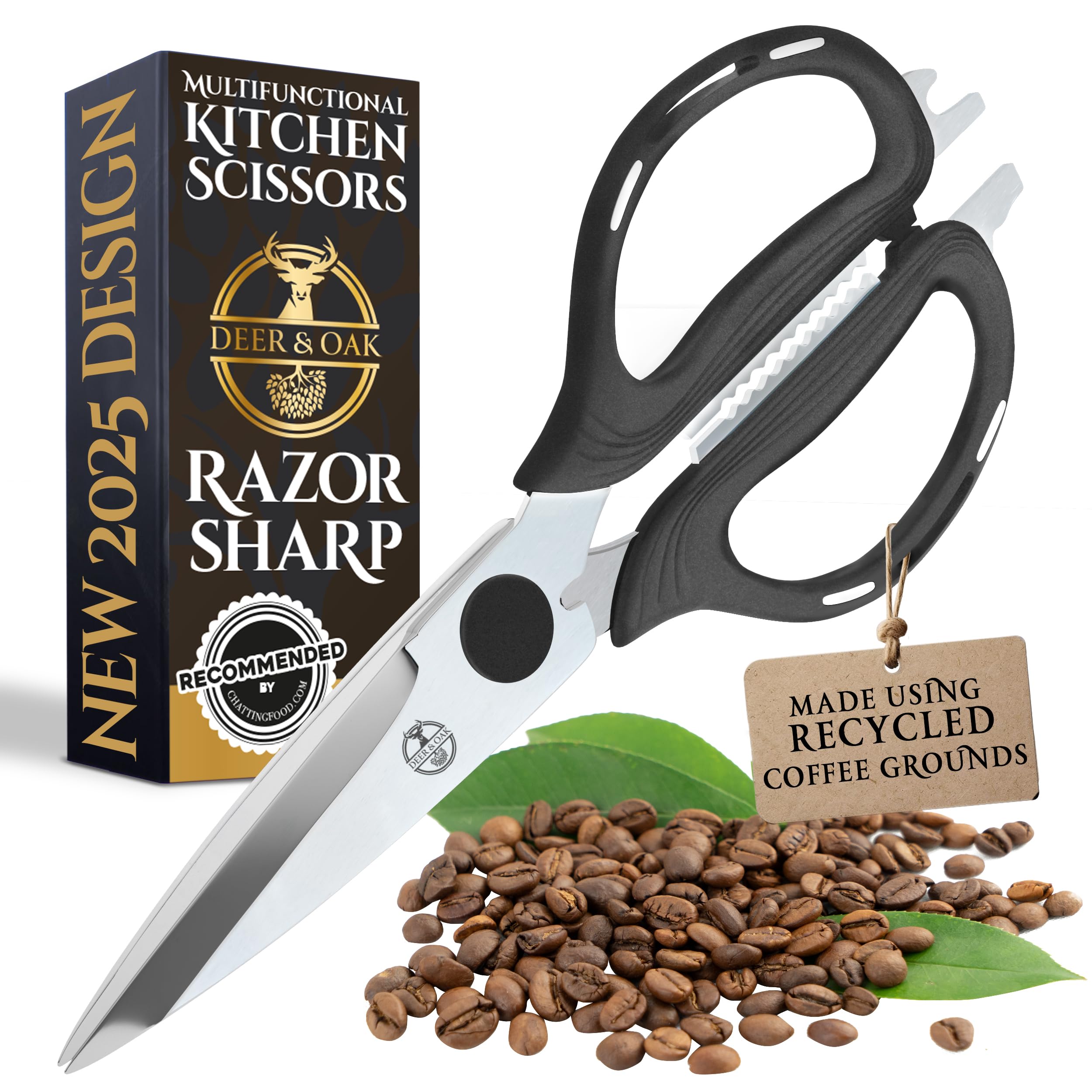 Deer & Oak Kitchen Scissors (1 Pack) – Eco-Friendly, Heavy Duty, Sharp Shears with Recycled Coffee Handles