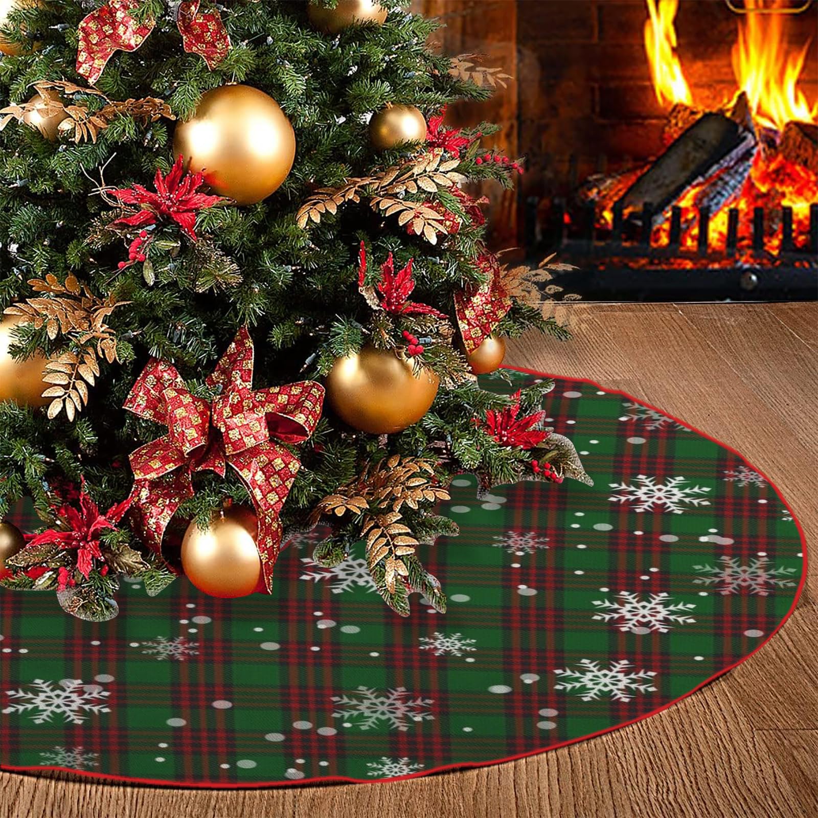 Red and Green Buffalo Plaid Christmas Tree Skirt - Thick Snowflake Pattern, 36 Inches(90cm) for Indoor/Outdoor Holiday Party Decorations