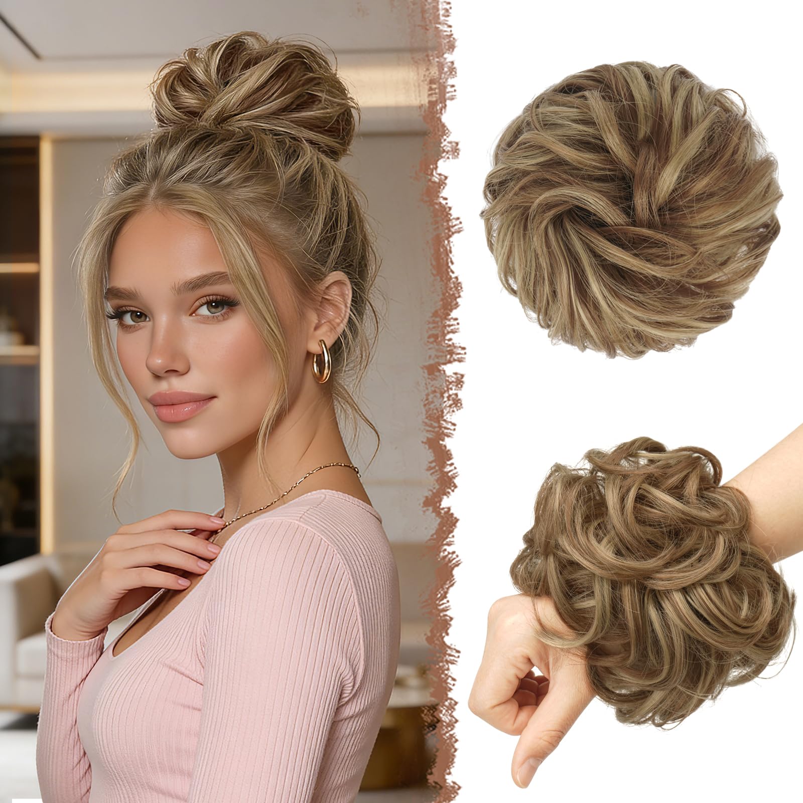 FESHFEN Messy Bun Hair Piece Hairs Scrunchies Thick Curly Wavy Pony Tail Synthetic Accessories Donut Updo Hairpieces for Women Girls 55g, Brown & Blonde