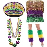 Halfchet 4 Pack Mardi Gras Accessory Set Mardi Gras Costumes with Rhinestone Captain Hat, Bead Necklaces and Fur Leg Warmers, Instant Carnival for Parade Party