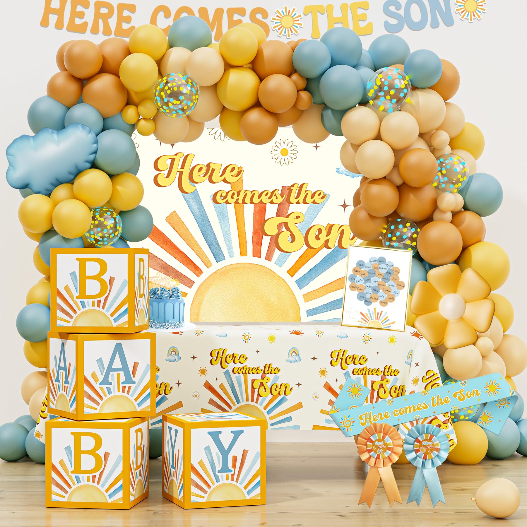 Photo 1 of Here Comes the Son Baby Shower Decorations for Boy, Boho Sun Baby Shower Party Supplies, It's A Boy Gender Reveal Décor, Retro Sun You Are My Sunshine Baby Shower
