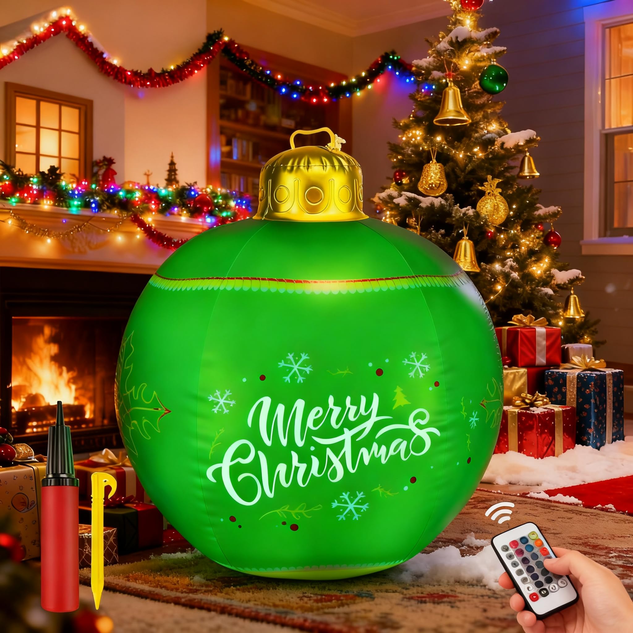 Hysagtek Extra Large 60cm Inflatable Christmas Light Ball with Remote Control - LED Outdoor Decorations, All-in-One Kit Includes Pump & Stakes, Waterproof Giant Xmas Bauble for Garden,Yard,Patio,Green