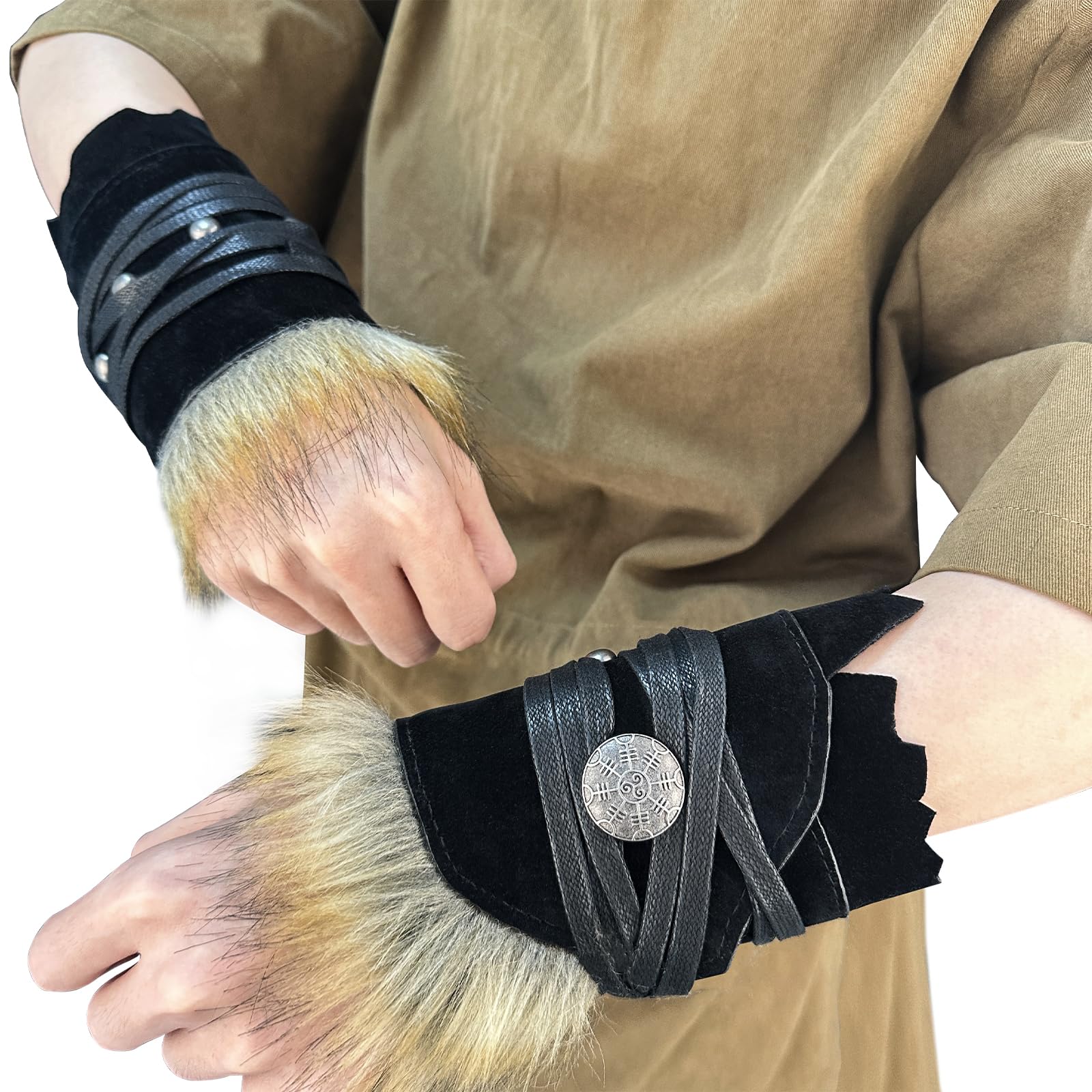 HiiFeuer Medieval Suede Arm Wraps, Renaissance Artificial Fur Bracers, Viking Wrist Band Archery Arm Guards Knight Gauntlets (Black A)