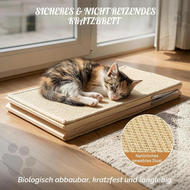 Kratzrampe für Katzen, Sisal Kratzbrett Holzrampe, Faltbares Dreieck Katzenkratzbrett mit 2 Federplüschspielzeugen, Möbel Schutz Kratzmatte für Mehrere Haustiere Innenraum Non-Slip