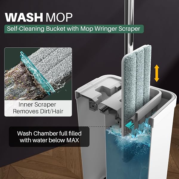 JOYMOOP FLAT MOP SYSTEM, MICROFIBER MOP AND BUCKET SET, WHITE, COMMERCIAL & HOUSEHOLD USE, HARDWOOD FLOOR & WALL CLEANING MOP WITH LONG HANDLE, 4 MICROFIBER PADS