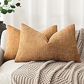 Foindtower Set of 2 Textured Chenille Throw Decorative Pillow Covers Square Accent Solid Cushion Cover Neutral Farmhouse Lumbar Pillow Case for Couch Sofa Bedroom Living Room 12x20 Inch,Golden Brown
