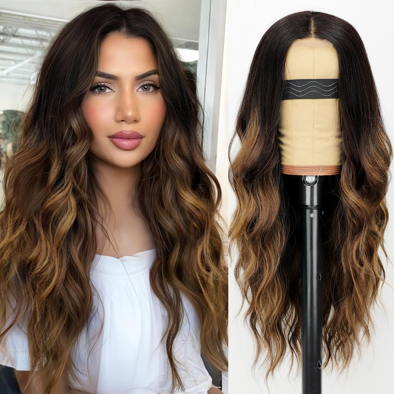 Photo 1 of AISI HAIR Long Wavy Brown with Blonde Highlight Lace Hairline Wigs for Women, Middle Part Synthetic Heat Resistant Wig for Daily Party-26 Inch