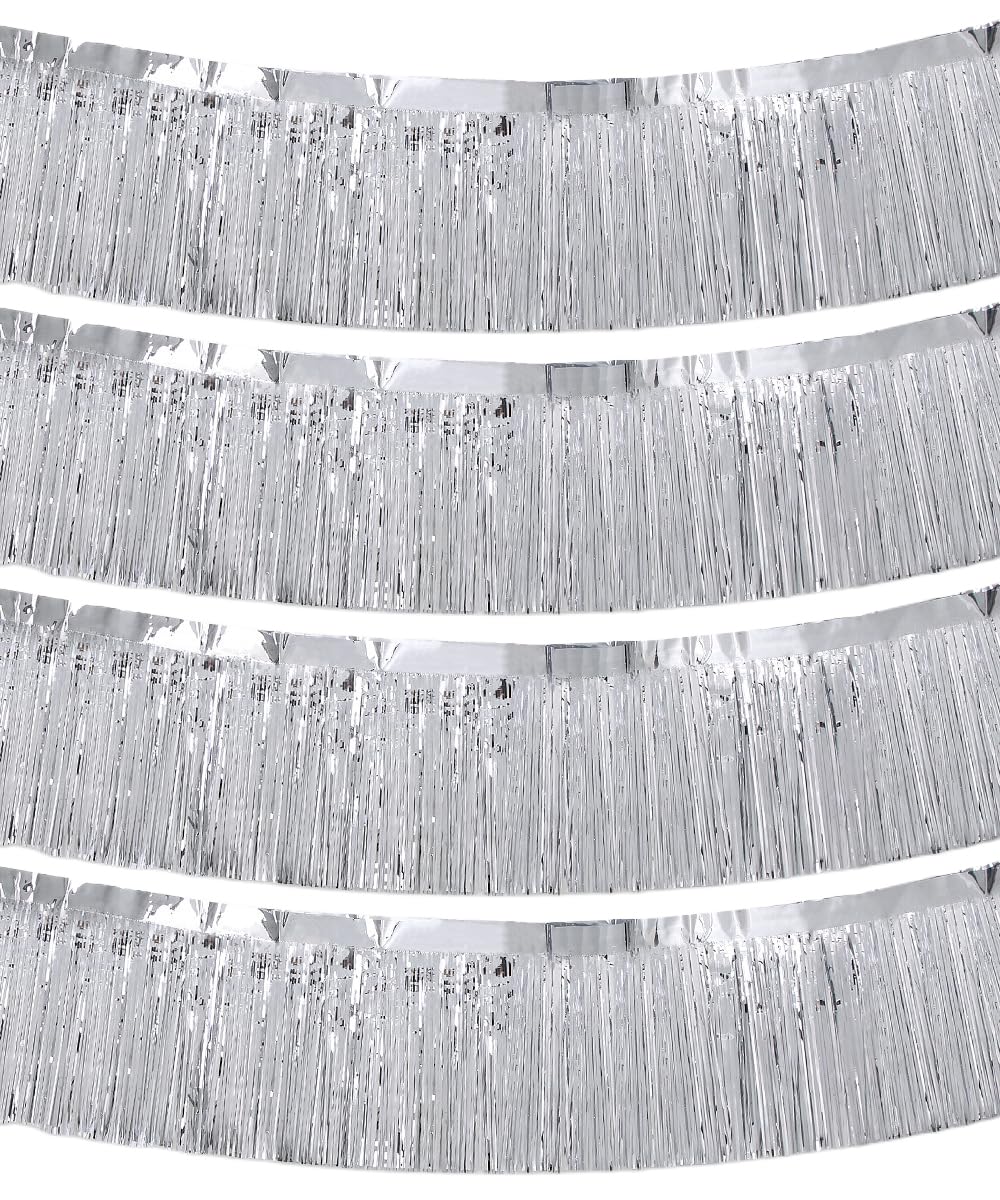 4 Packs 10 Feet Long Foil Fringe Garland Shiny Metallic Tinsel Wall Hanging Banner for Car Parade Floats Wedding Birthday Parties Ceremonies Baby Shower Bachelorette Garden Decorations Silver Color