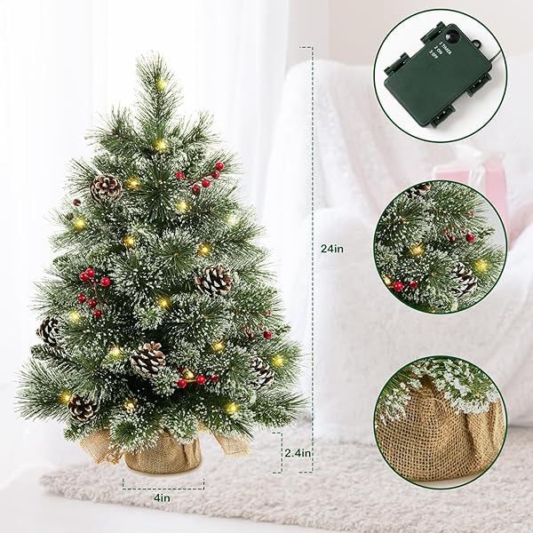 24″ MINI CHRISTMAS TREES WITH FLOCKED PINE NEEDLES, PINE CONES, BERRIES DECORATION, 2 FT DECORATED BURLAP TREES WITH 25 LED LIGHTS, KITCHEN TABLETOP ARTIFICIAL PRE LIT CHRISTMAS TREE