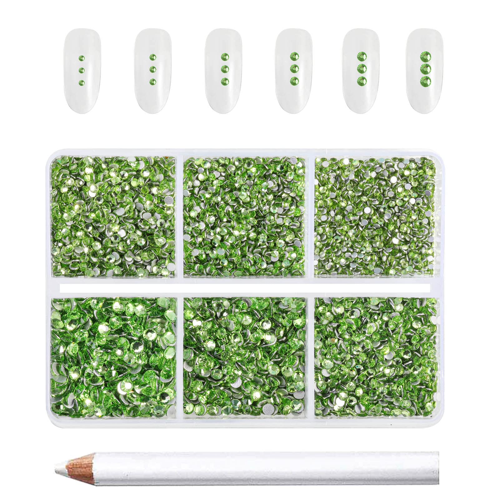 Beadsland 7200 Pcs Flatback Rhinestones for Nails,Light Green Round Small Crystal Rhinestones Gems for Crafts,Mixed 6 Sizes with Wax Pencil Kit,SS3-SS10,Peridot/Light Green