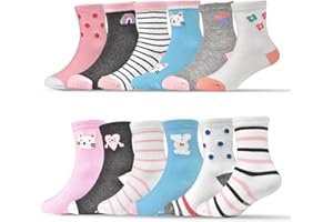 ELUTONG 12 Pairs Toddler Girls Grip Socks Baby Cartoon Non Skid Crew Socks for 0-7Years Babies Infants Toddlers Kids Gifts