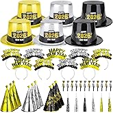 48PCS New Year's Eve Party Supplies for 24 Guests - Happy New Year Headband, Gold Black Party Favors, Cone Hats, Horns, Blowouts - Accessories in Plastic Cardboard