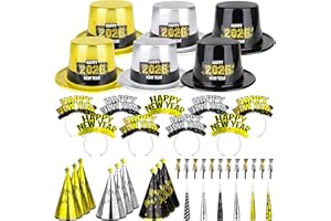 TRAPLACE 48PCS New Year's Eve Party Supplies for 24 Guests - Happy New Year Headband, Gold Black Party Favors, Cone Hats, Horns, Blowouts - Accessories in Plastic Cardboard