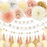 YTHETM Champagne Gold Fall Boho Birthday Decorations for Women Girls Beige Cream Neutral Party Decorations Happy Birthday Banner, Balloons, Tissue Pom Poms, Paper Fans Streamers Party Decor