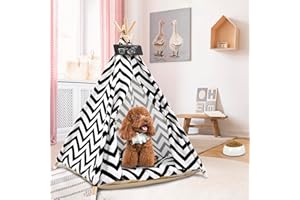 Pet Teepee Pet Tent for Dogs Puppy Cat Bed White Canvas Dog Cute House Pet Teepee with Cushion 24inch Indoor Outdoor （Black&W