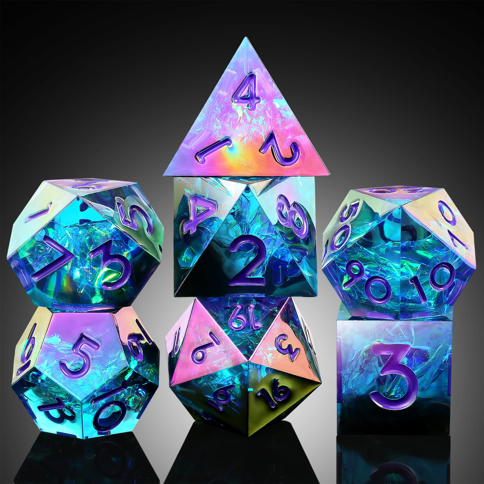 Iridescent Plating DND Dice, DNDND Handmade Resin Sharp Edge D&D Die with Gift Case for Dungeons and Dragon Tabletop Games (Iridescent Plating Green & Blue) — image 1