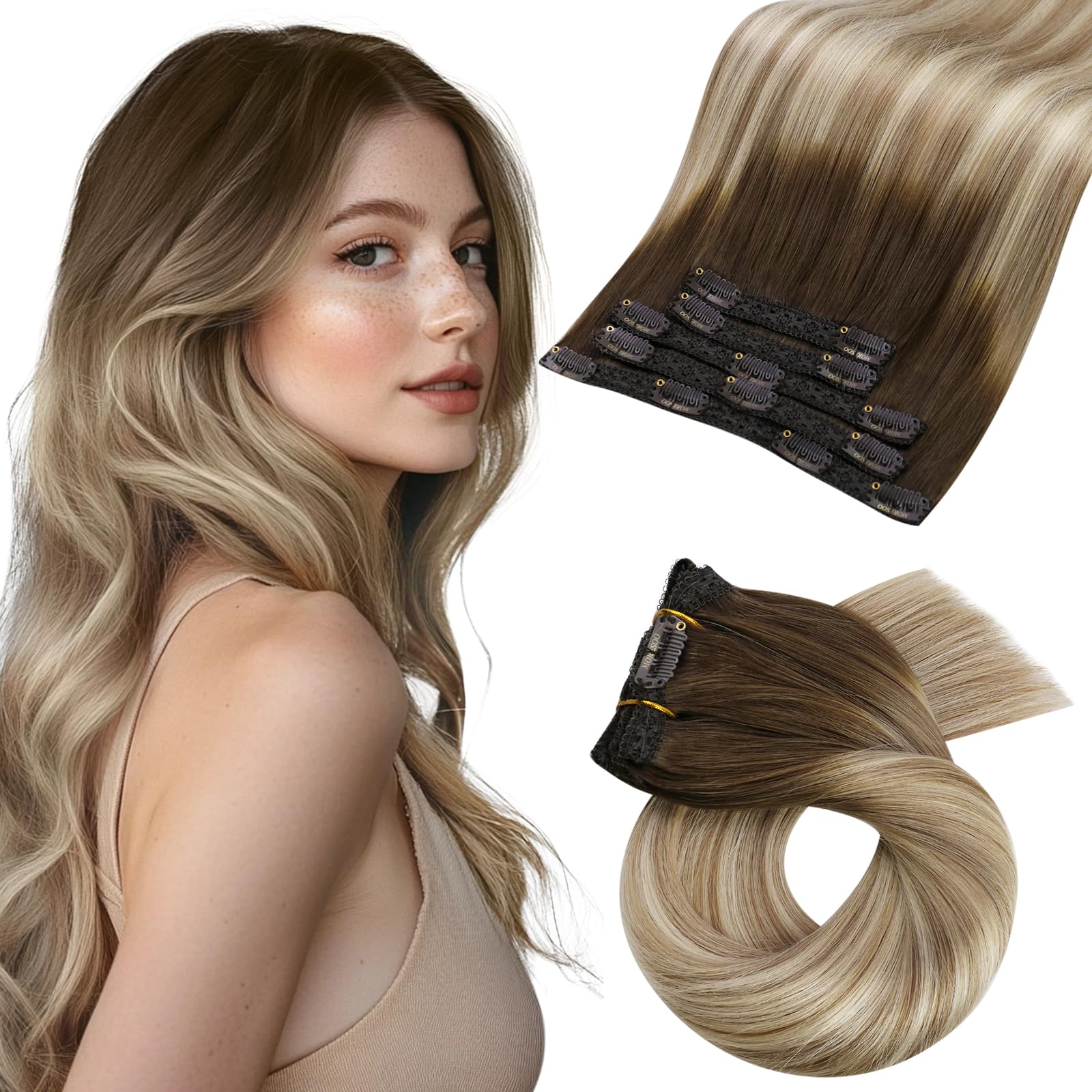 Moresoo Balayage Clip in Hair Extensions Human Hair Brown Root to Chestnut Brown with Medium Blonde Human Hair Extensions Clip in 10 Inch 5 Pieces/80g #3/8/22 — image 1