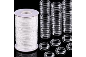 SHAPPY 100 Pieces Clear Roman Curtain Rings 55 Yards Roman Blind Cord 8 to 13 mm Transparent Plastic Rings 1.8 mm White Braided Lift Shade Cord for DIY Blind Curtains(White)