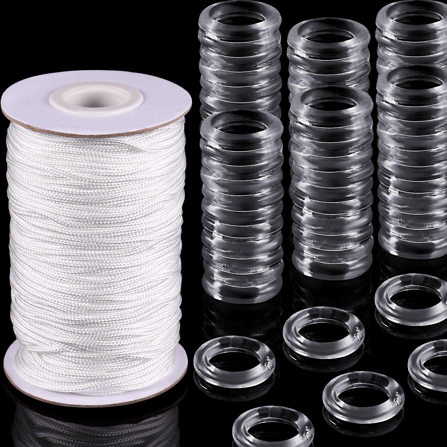 Photo 1 of 100 Pieces Clear Roman Curtain Rings 55 Yards Roman Blind Cord 8 to 13 mm Transparent Plastic Rings 1.8 mm White Braided Lift Shade Cord for DIY Blind Curtains(White)