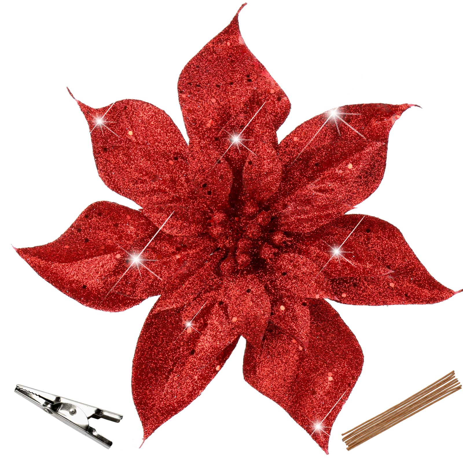 Oairse 8PCS Large Glitter Poinsettia 9"/23cm Red Artificial Flowers with Clips Christmas Flower Fake Floral Ornaments for Xmas Tree Holiday Wedding New Year Halloween Christmas Tree Decorations โ image 1