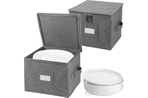 popoly China Storage Containers Hard Shell Inside 10" W x 8" H, Salad Plate Storage Containers for Dishes, Dinnerware with 24 Felt Dividers, Hold 24 Plates, Foldable and Stackable (2 Pack Grey)