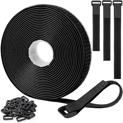 Yiezio 6m Cable Straps 30 Buckles Hook Loop Ties Organizer 2cm Black Adjustable