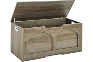 oakvivo Storage Chest, 31.5" Retro Wooden Storage Bench, Entryway Storage Trunk, Supports 330 lb, Upgraded Safety Lift Support Hinge, Entryway Bench, U-Shaped Opening for Entryway Living Room, Greige