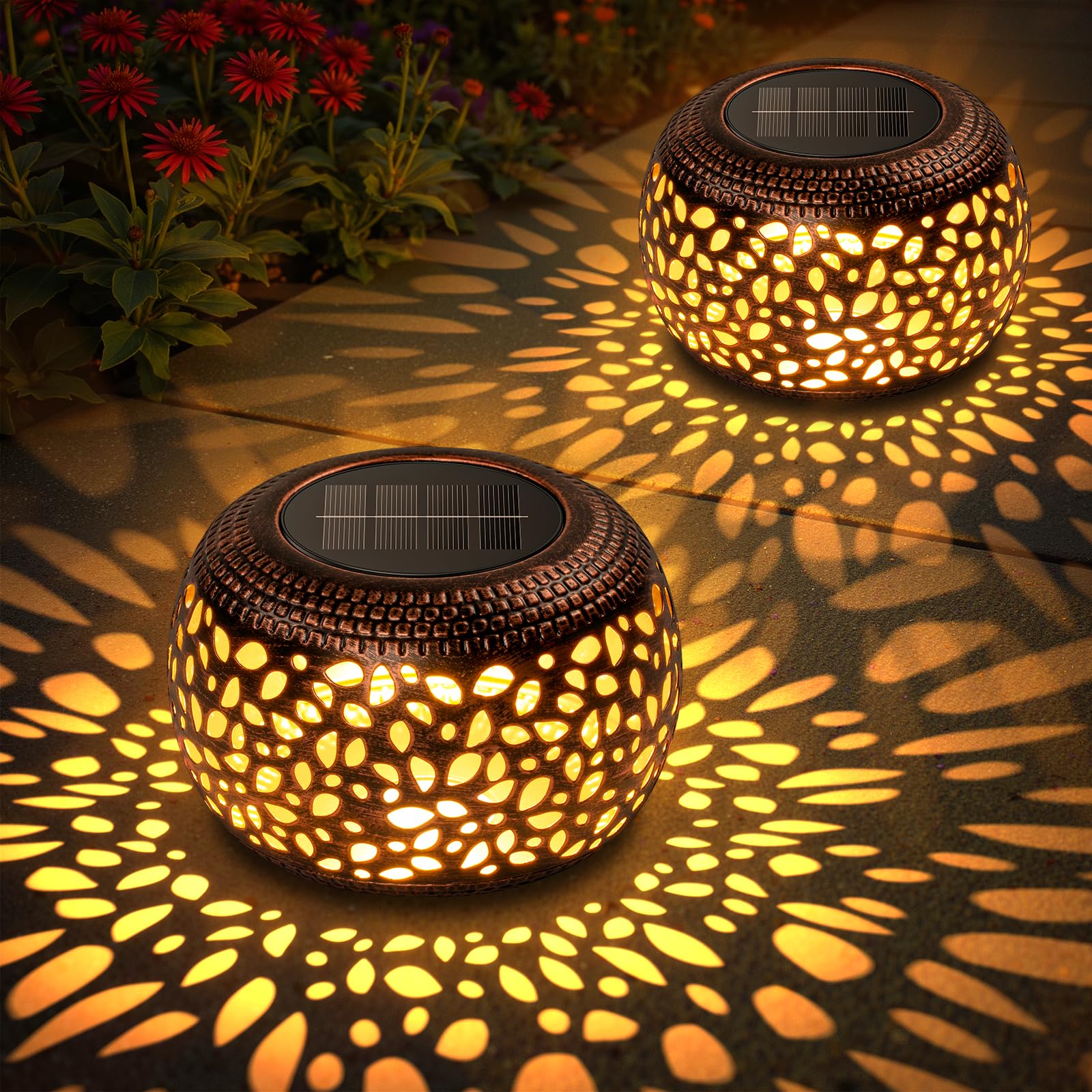 Photo 1 of Solar Lanterns Outdoor Waterproof, 4 Pack Flower Petal Solar Garden Lights with 2 Lighting Colors, Vintage Metal Outdoor Patio Garden Decor - Unique Gifts for Women Mom Sisters Birthday