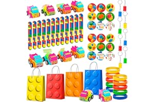 62Pcs Building Blocks Party Favors, Building Blocks Candy Bags Building Blocks Birthday Party Stickers Slap Bracelet Cars etc