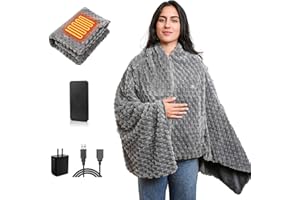 MEXITOP Cordless Battery Operated Heated Blanket, Wearable Heating Throw for Car,Camping,Office Warm Gift Machine Washable Super Cozy Soft Blanket with 10000 mAh Battery Pack 3 Heating Levels 63" X 35"