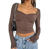 GGOV Long Sleeve Crop Top Slim Sexy Ribbed Fitted Cotton Cropped Shirts Women's Sweetheart Neck Basics for Daily Casual Wear