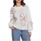 Verdusa Women's Bow Embroidery Cozy Sweater Fall Outfits Oversized Pullover Ribbed Knit Tops