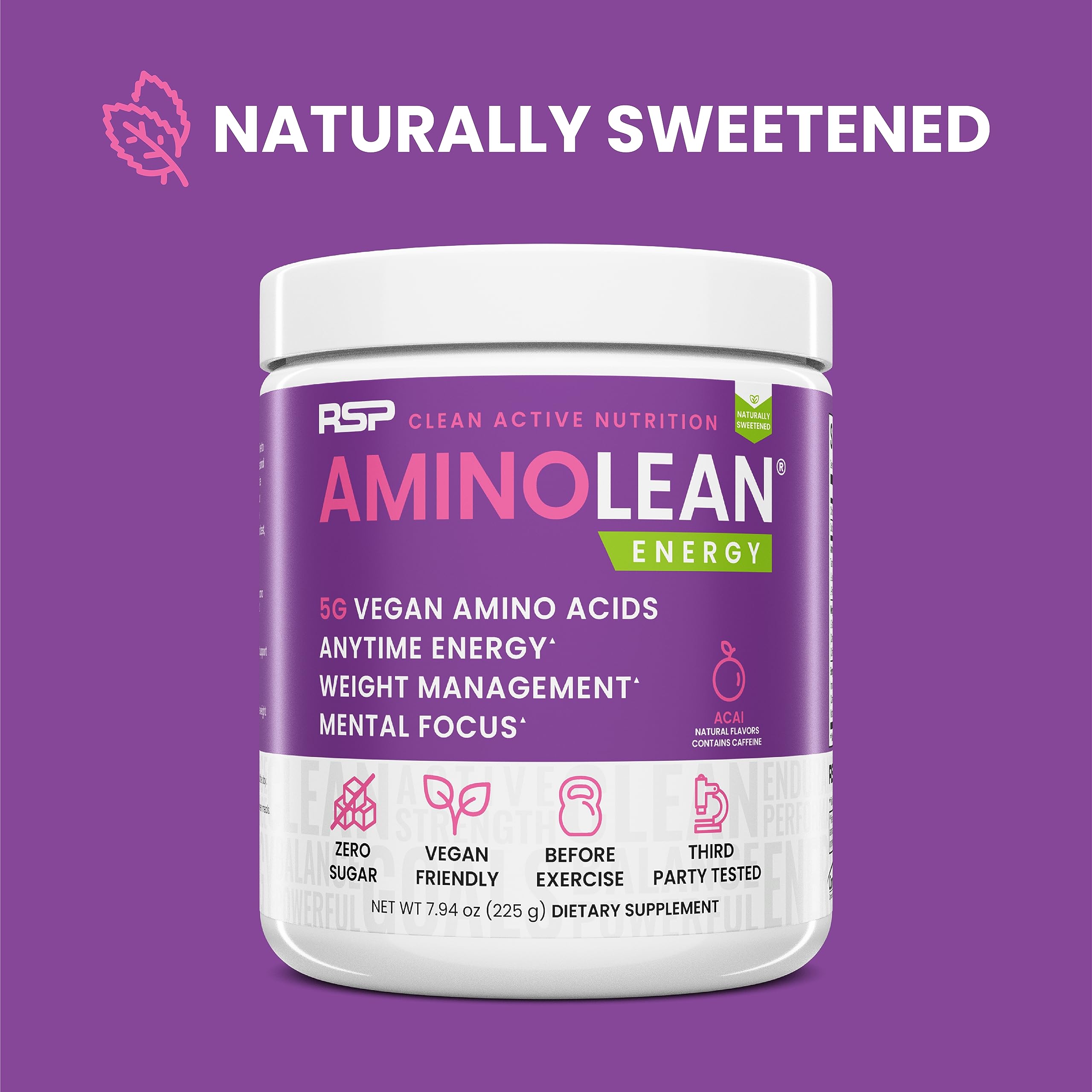 RSP NUTRITION AminoLean Natural Pre Workout Powder, Sucralose Free Amino Energy with No Artificial Dyes, Vegan BCAAs and Weight Management, Acai, 25 Serv