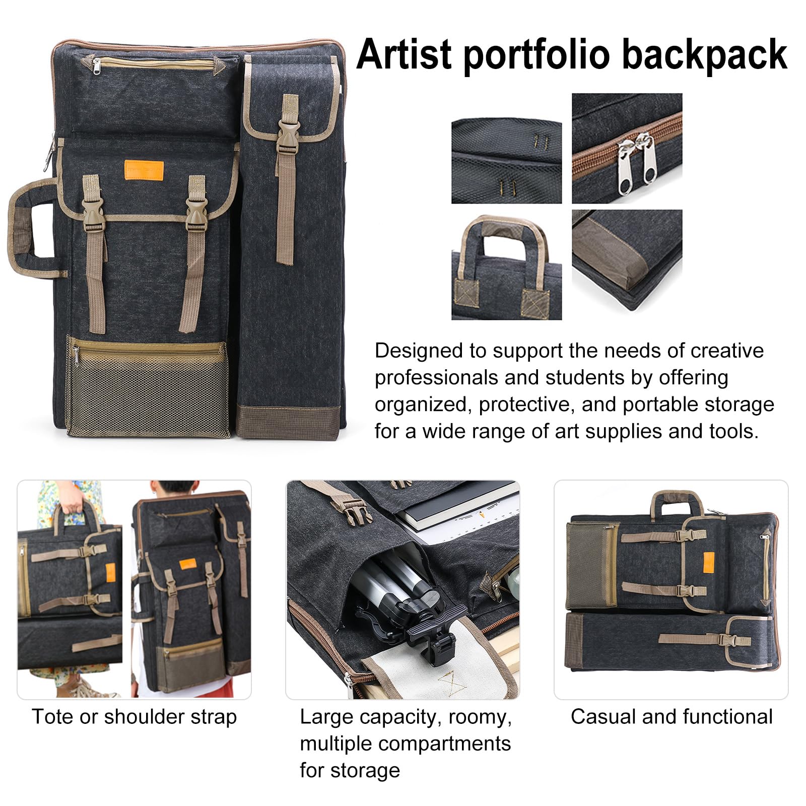 TRANSON Art Portfolio Case Artist Backpack Canvas Bag Large 26” x 19.5”