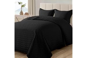 HYLEORY Quilt Set King Size - Lightweight Quilted Beding Set - Summer Bedspread - Soft Reversible Coverlet for All Season - 3 Piece (1 Quilt, 2 Pillow Shams) - Black