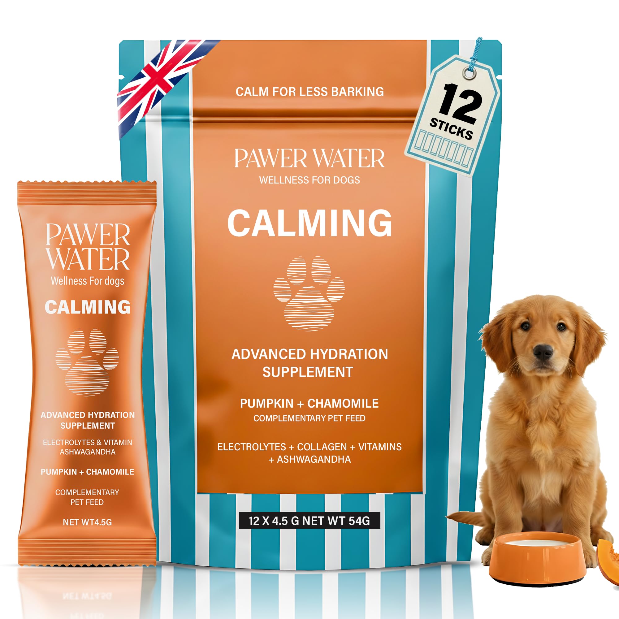 PAWER WATER Dog Anxiety Relief & Hydration Powder – Calm Hyperactive Behavior & Relax Nervous Dogs Safely – with Natural Chamomile, Ashwagandha, L-theanine & Collagen (12 Pack)